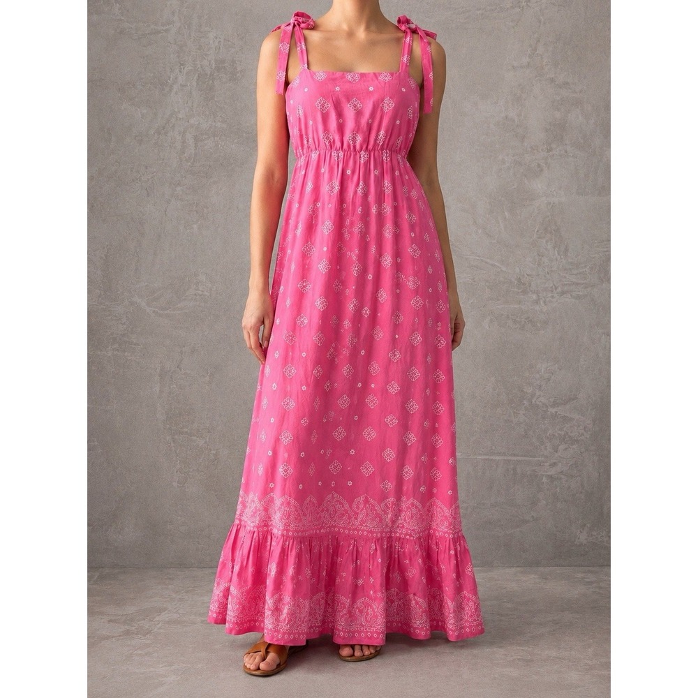 Madison Mathews Elisa Kaftan Maxi Dress Womens Small Pink Paisley Tie Shoulder